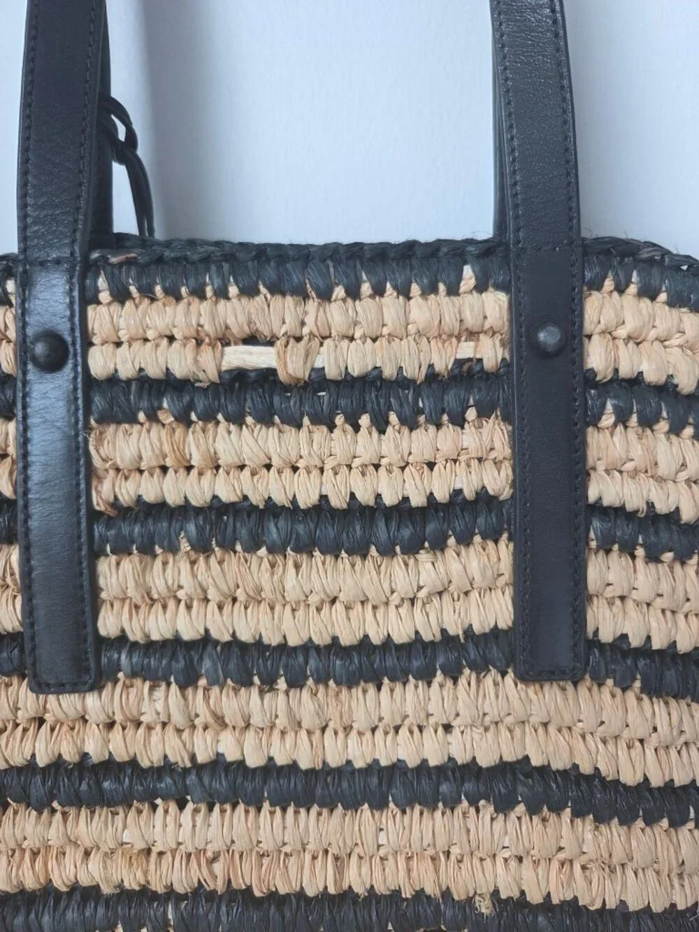 Loeffler Randall Striped Straw Tote Black Leather Straps & Tassel Pom-Pom Edges